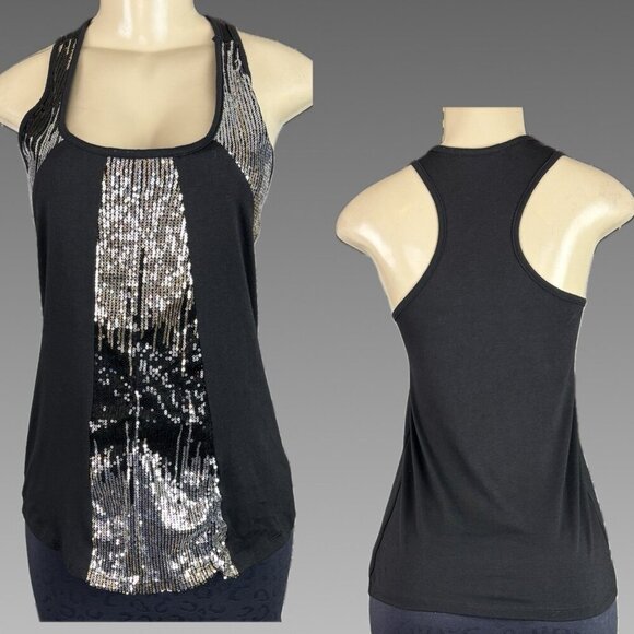 Julie's Closet M Jrs Black Metallic Sequin Scoop Neck Lined Racerback Tank Top - Picture 1 of 6